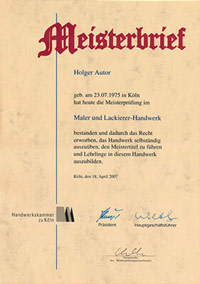 Meisterbrief Holger Autor, Malermeister aus Köln